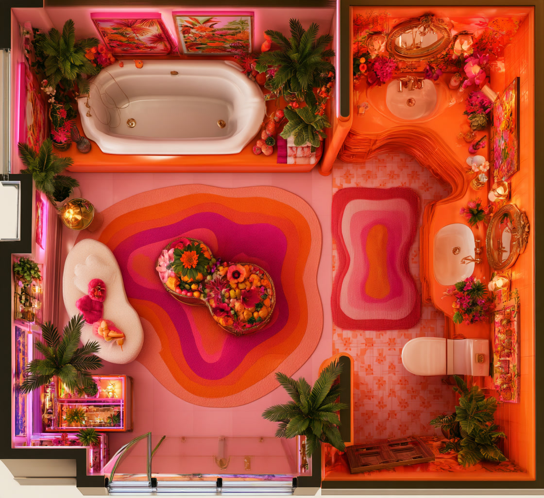 Maximalist bathroom suite with an orange and pink concentric rug, white freestanding tub and palm fronds